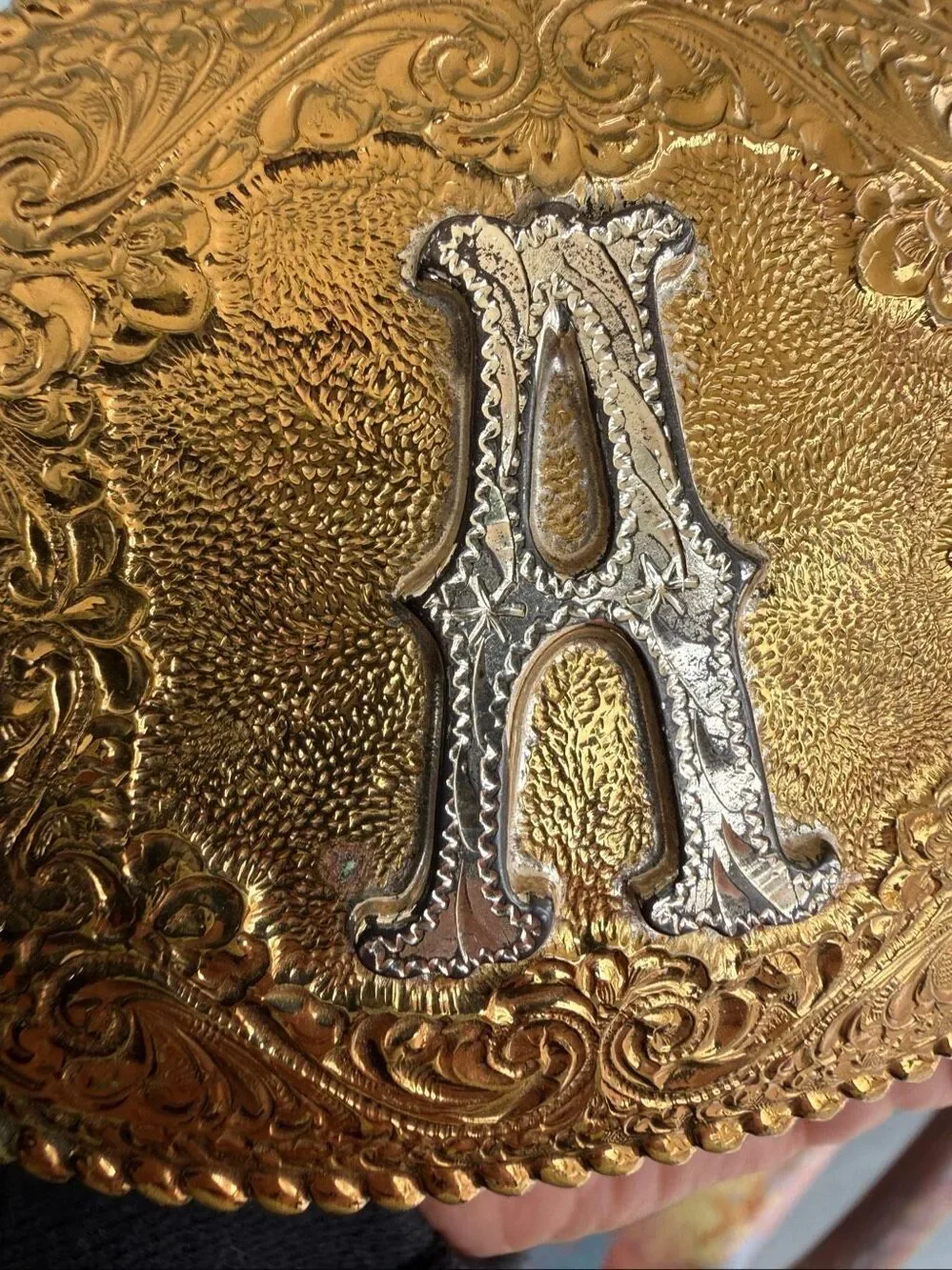 Vintage Crumrine Bronze Western Two Tone Initial A Belt Buckle Engraved Gold Sil